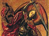 London National Gallery Next 20 01 Bartoleme Bermejo - Saint Michael Triumphant over the Devil with the Donor Antonio Juan Bartolem Bermejo - St. Michael Triumphant over the Devil with the Donor Antonio Juan, 1468, 180 x 82 cm. This picture shows part of a story from the Bible, which describes how war broke out in heaven. St. Michael, captain of Gods army of angels, fought the rebel angels led by the Devil. St. Michael is painted as a soldier with a crown on his head, carrying a sword and shield, and wearing a shiny breastplate reflecting the imaginary towers of the City of Heaven. St. Michael holds his sword ready to cut off the Devils head and points his crystal shield down towards him. The Devil is shying away in terror at the reflection of his own horrible reflection of his own horrible face. Flat on the ground like a snake, the Devils body is part snake, part bird and part dragon. He has a second mouth coming out of his stomach with two sets of hard red jewel-like eyes and a snake slithering out below Michaels feet. His torso is metallic, as if made of armour. His arms, too, combine reptile scales with metal armour, and he has toothed mouths for elbows, so he is apparently eating his own body, consuming himself.